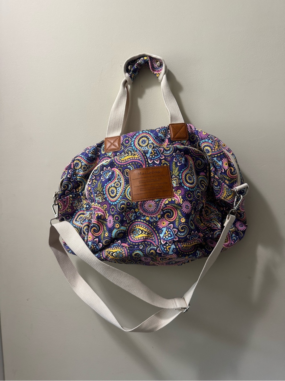 Paisley Canvas Travel Tote Bag with Cream Straps - Purple Multi